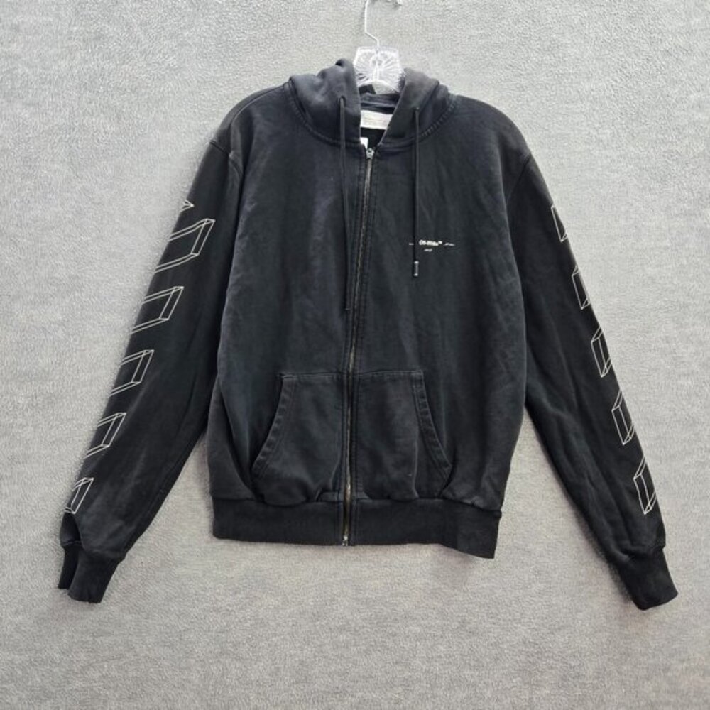 Off White Men Hoodie XS Black Virgil Abloh Main label 3D Marker Diag Zip READ